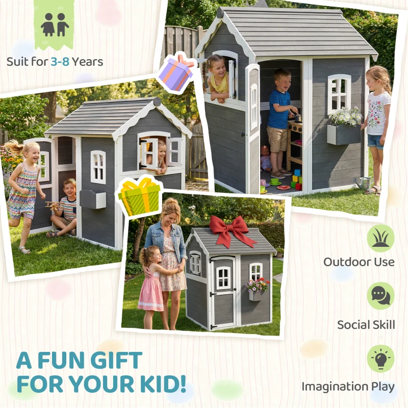 Outsunny Outdoor Wooden Playhouse for Kids with Floor, Door, Windows, Planter Box for 3-8 Years Old, Backyard, Lawn, Garden