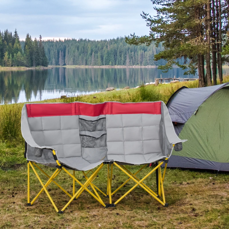 Outsunny 62" W Double Seat Camping Chair Folding Lawn Loveseat w/ Storage Pocket & Cup Holder Compact in a Bag for Outdoor, Beach, Picnic, Hiking, Travel, Red