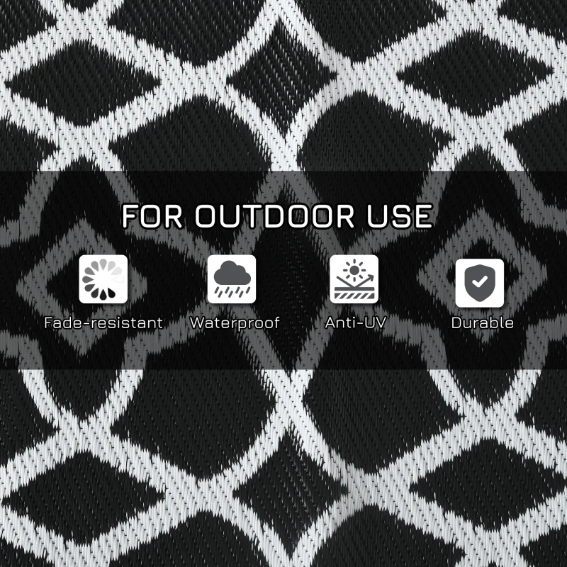 Outsunny Reversible Outdoor Rug Carpet RV Camping Rugs with Carry Bag, 9' x 12', Black & White Clover
