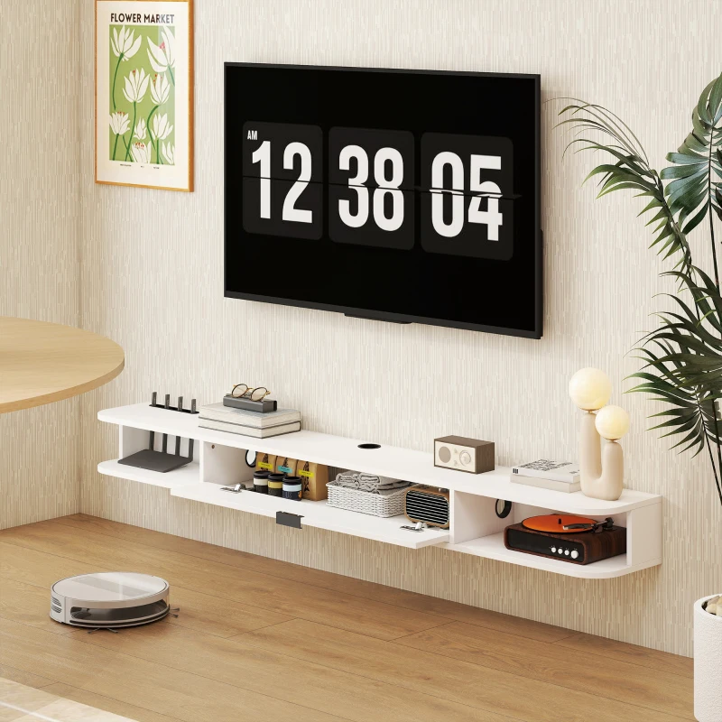 HOMCOM 71" Floating TV Stand for TVs up to 75 Inch, Wall Mounted Media Console with Flip Drawer and 2 Open Shelves, White(m-9)