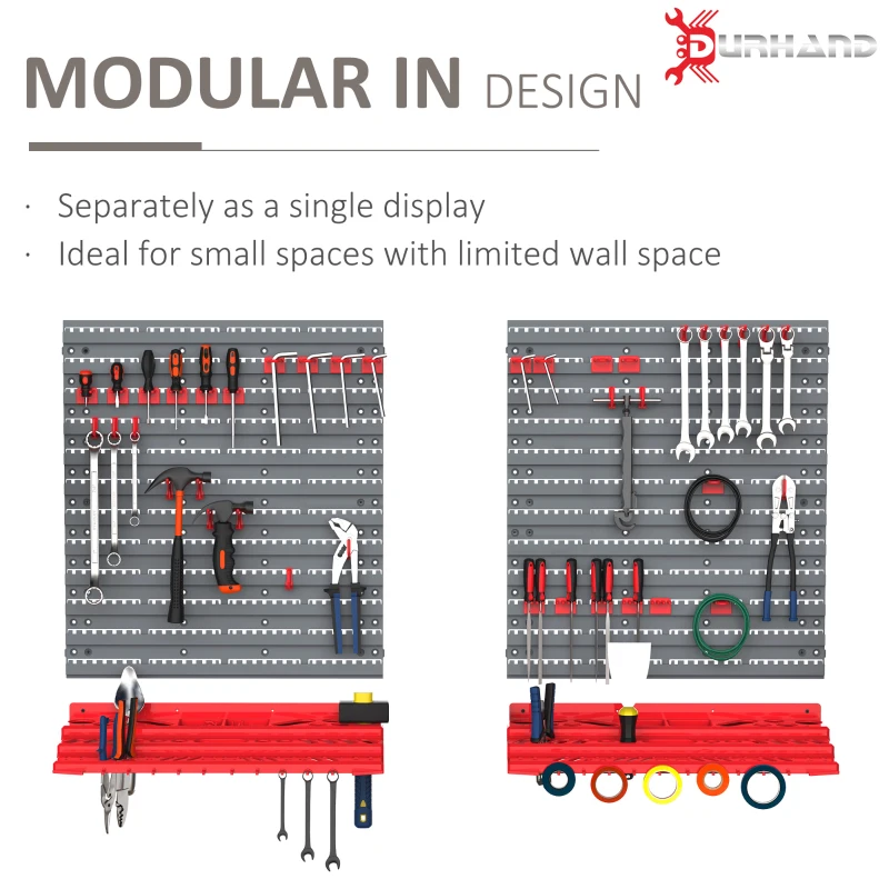 DURHAND 54 Piece Plastic Pegboard Panels, Peg Board with Accessories, Shelf Tool Organizer, Wall Mounted DIY Garage Storage with 50 Hooks, Red