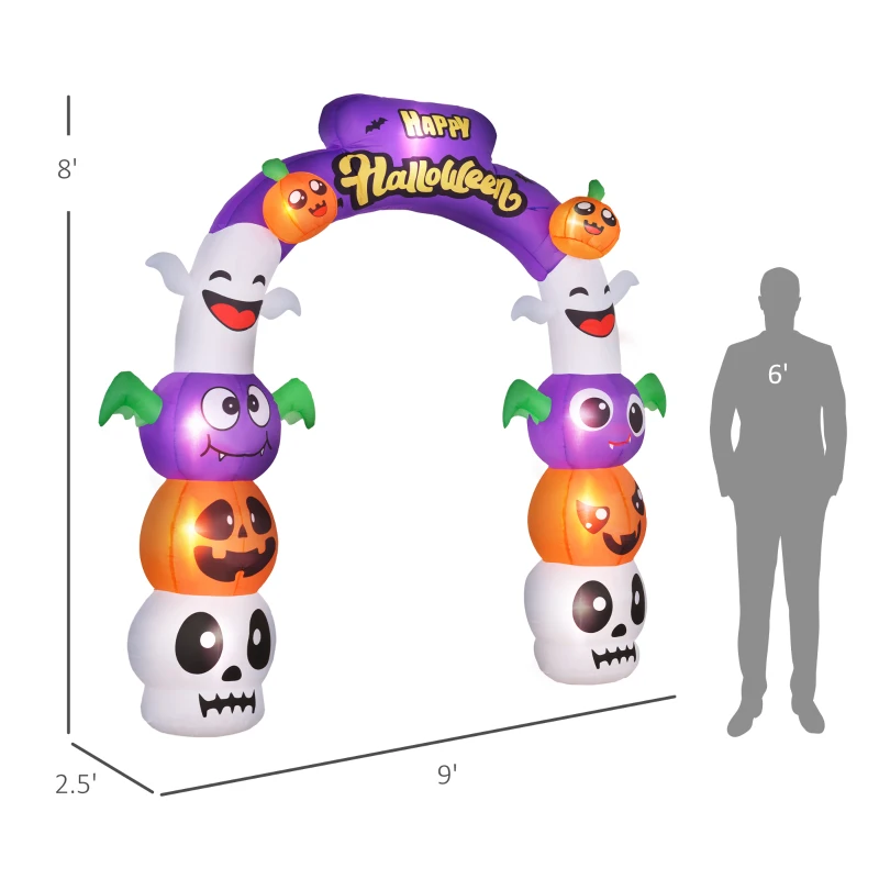 Outsunny 8ft Inflatable Halloween Archway with Pumpkin Skulls Ghosts Bats Archway Beams and Yellow Lettering