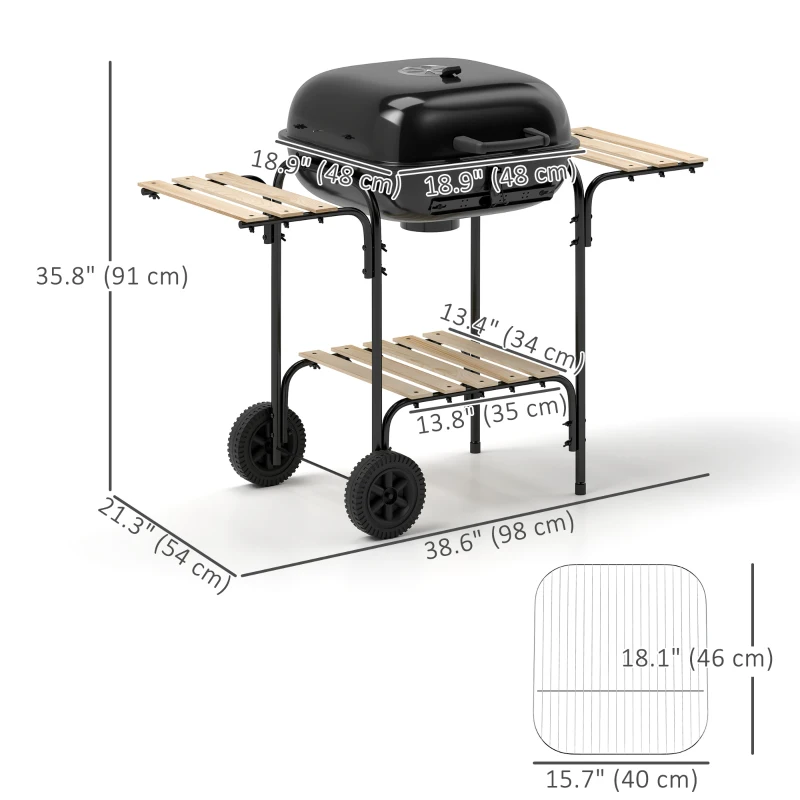 Outsunny Charcoal BBQ Grill, BBQ Grill with 1840 cm² Cooking Area, 3 Shelves, Adjustable Vent, Lockable Lid, Wheels, Black