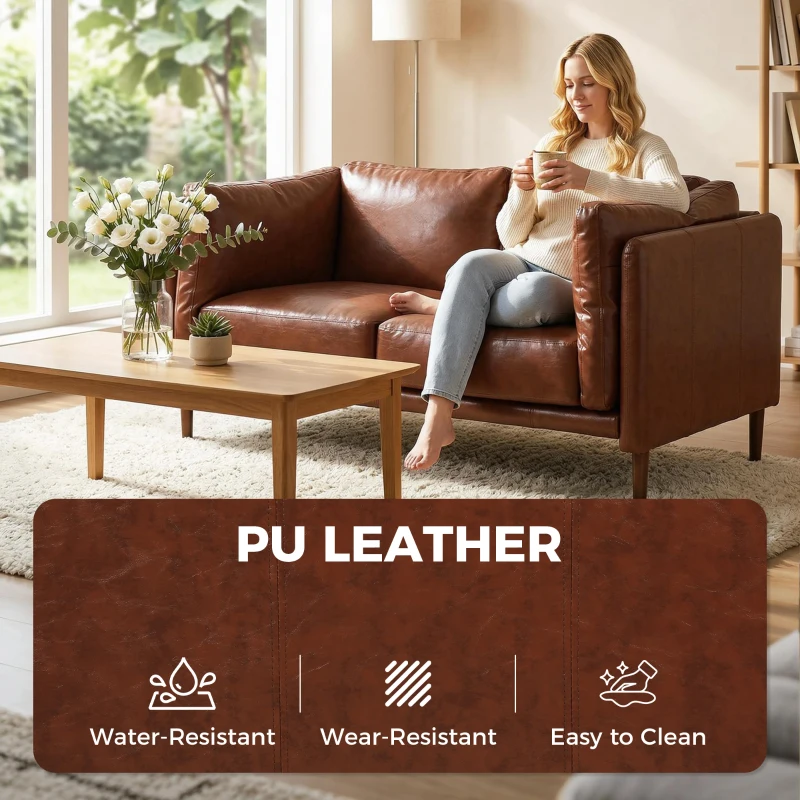 HOMCOM 59" Loveseat Sofa, PU Leather 2 Seater Sofa with Wide Seat, High-Density Foam, Thick Cushion, Wood Legs, Brown