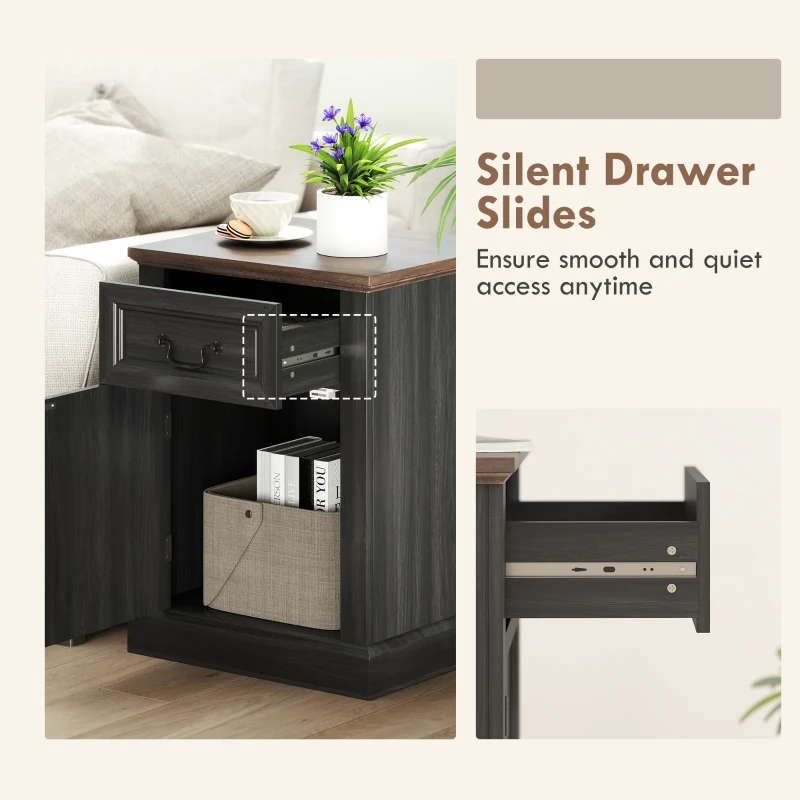 HOMCOM Side Table Set of 2, End Tables with Drawer and Cabinet, Nightstands for Small Spaces, Living Room, Black