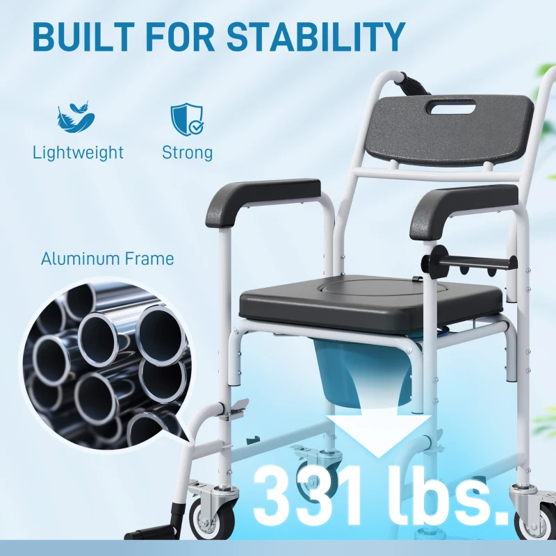 HOMCOM Rolling Shower Wheelchair for Seniors, Bedside Commode Chair with Locking Wheels, Seat, Backrest, Arms, Black