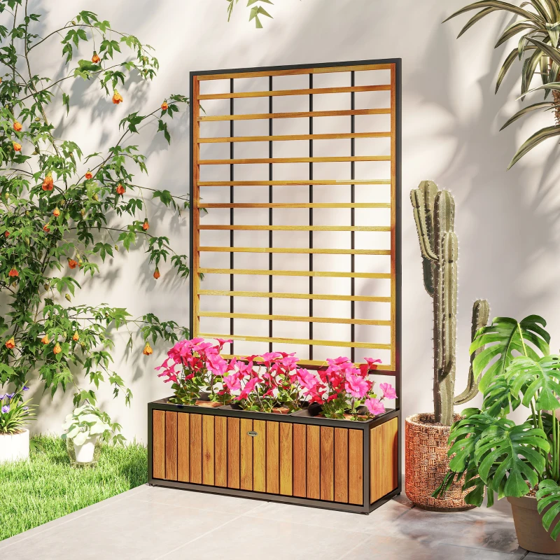 Outsunny Wooden Raised Garden Bed with Trellis, Removable Pots for Backyard, Patio, Balcony, 29" x 11" x 52", Teak
