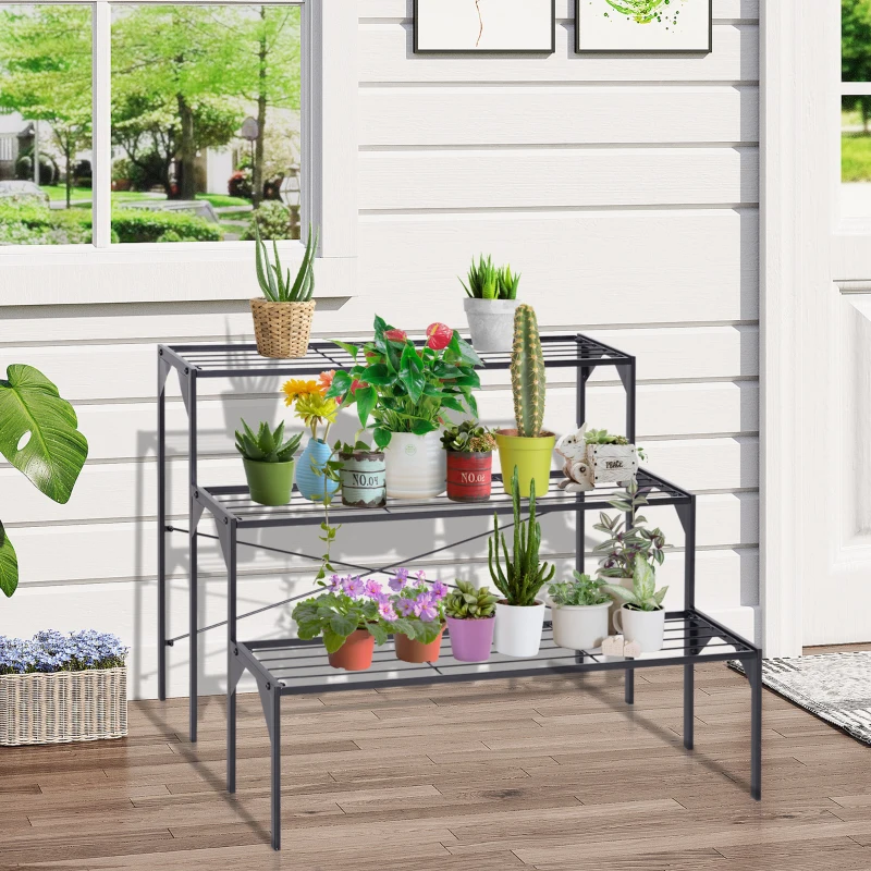 Outsunny Outdoor Plant Stand, 3 Tier Flower Stand, Metal Plant Shelf for Indoor Home & Outdoor Patio Balcony Yard Use