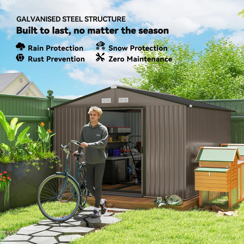 Outsunny 11' x 9' Metal Storage Shed Garden Tool House with Double Sliding Doors, 4 Air Vents for Backyard, Patio, Brown