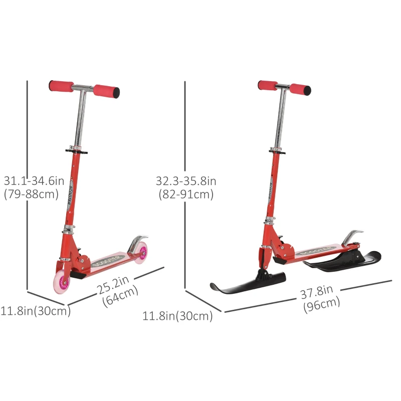 Qaba Snow Scooter, 2 in 1 Design Adjustable Height Scooter Snow Sled for Kids Aged Over 7 Years Old, Foldable Kids Sled Ski Scooter with Wheels Blades, Red