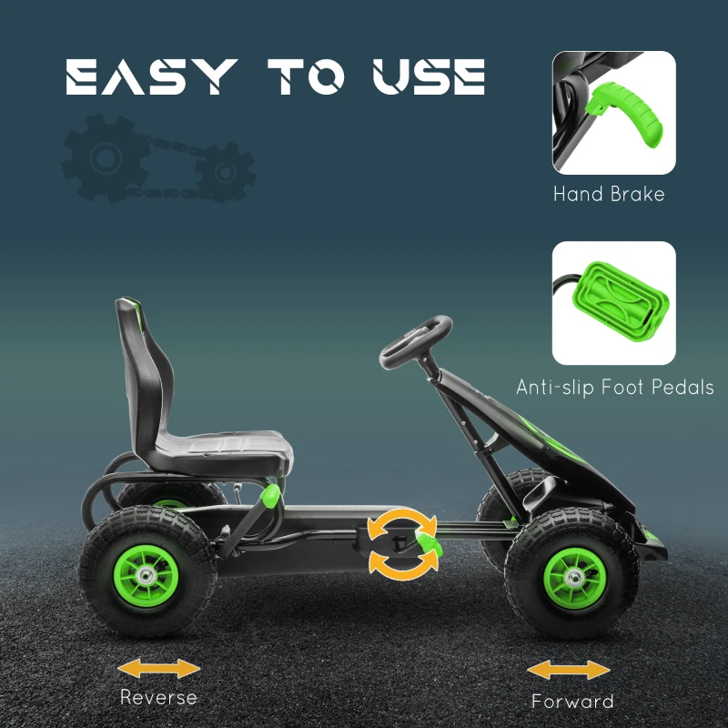 Aosom Ergonomic Pedal Go Kart Kids Ride-on Toy with Tough, Wear-Resistant Tread for Boys & Girls, Ages 5-12, Green