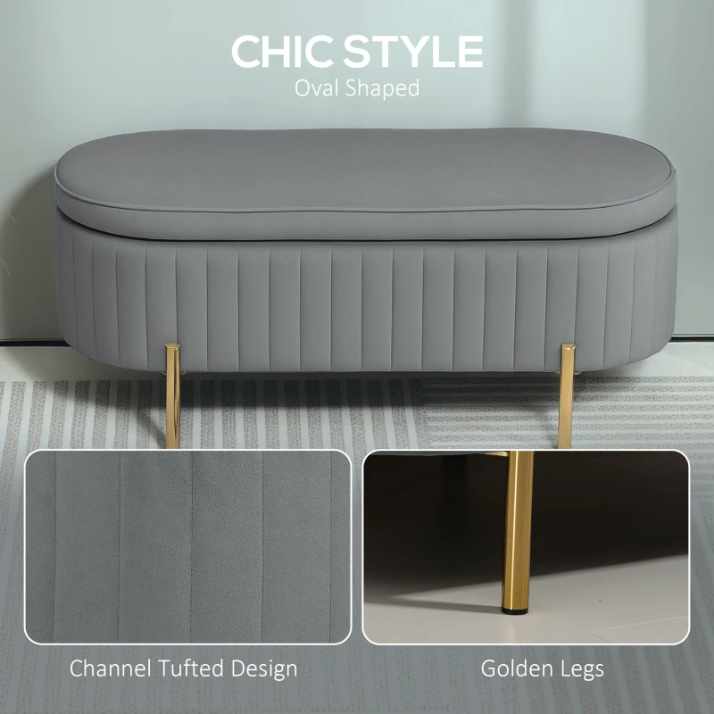 HOMCOM Upholstered Bedroom Bench, Channel Tufted Ottoman Bench with Thick Padding and Metal Legs, Grey