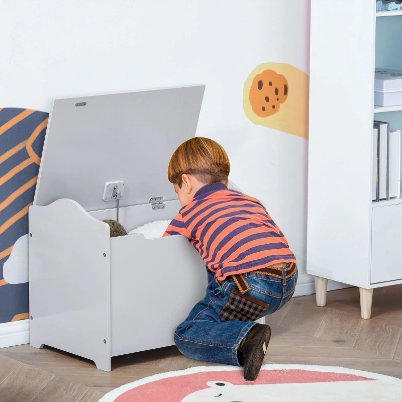 Qaba Kids Toy Chest Wooden Toy Storage Organizer Chest Box with Magnetic Hinge, Large Storage Space, & Groove Handle, Grey
