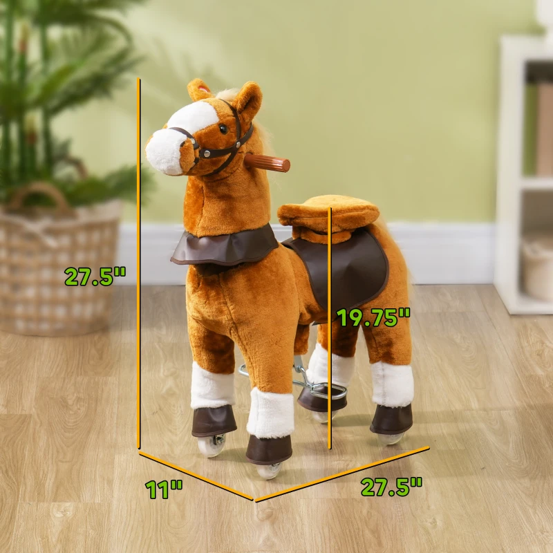 Qaba Ride on Horse, Plush Riding Pony for Ages 3-5, Walking Horse Animal with Wheels Neighing for Active Play, Brown