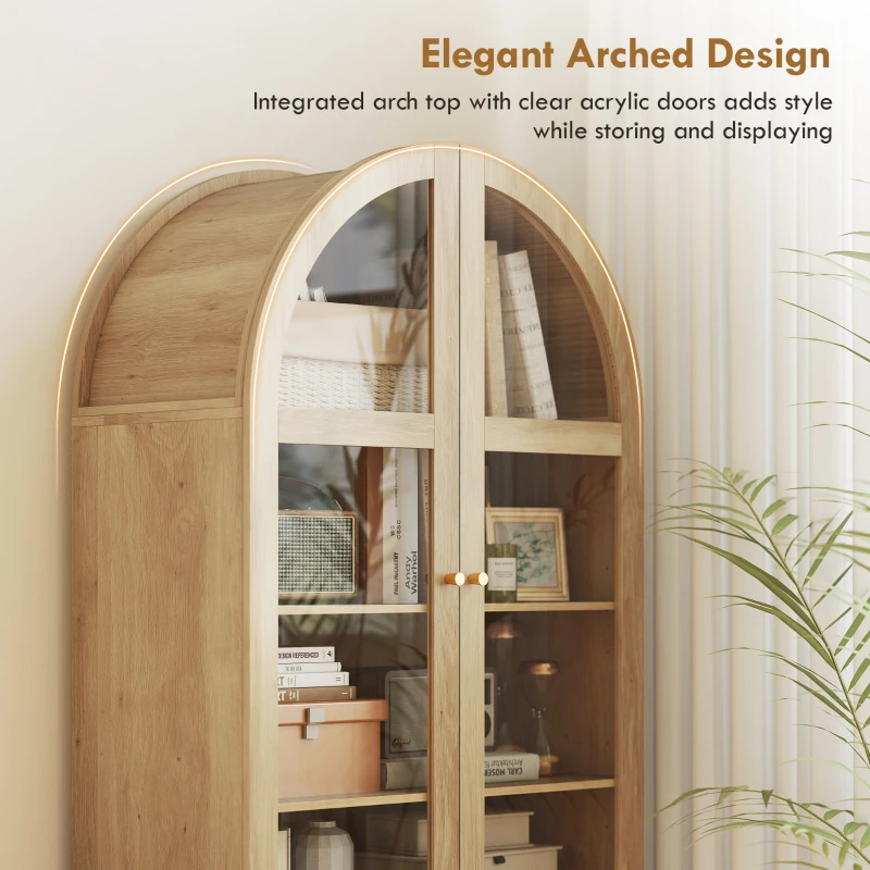 HOMCOM Arched Kitchen Pantry Cabinet, 71" Tall Farmhouse Kitchen Storage Cabinet with Acrylic Glass Doors, Oak