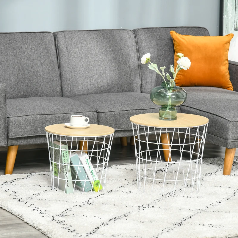 HOMCOM End Tables Set of 2, Nesting Tables with Storage, Round Accent Side Tables with Removable Top, White/ Natural
