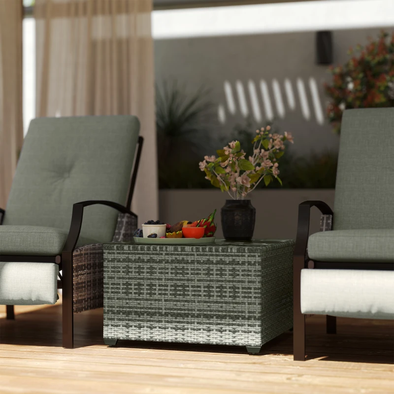 Outsunny 24.4" Patio Wicker Coffee Table, PE Rattan Outdoor Side Table with Tempered Glass Top, Light Grey