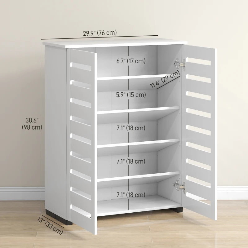 HOMCOM Shoe Storage Cabinet, Shoe Cabinet with 2 Slatted Doors for 15 Pairs of Shoes, White