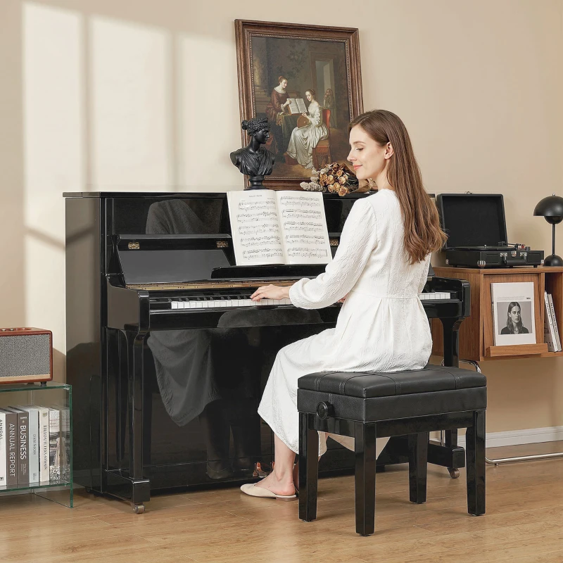HOMCOM Faux Leather Keyboard Bench, 24.8" Adjustable Piano Bench with Padded Cushion and Storage, Black