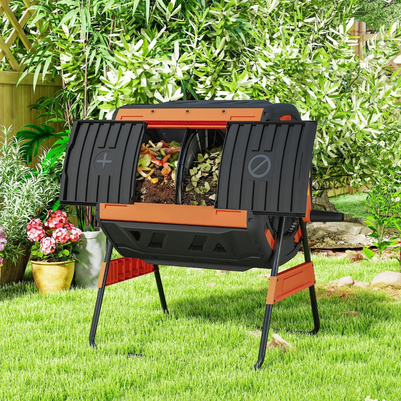 Outsunny Compost Bin Outdoor, 53 Gal Dual Chamber Tumbling Composter with Adjustable Vents, BPA Free Tumbling Composter, Orange