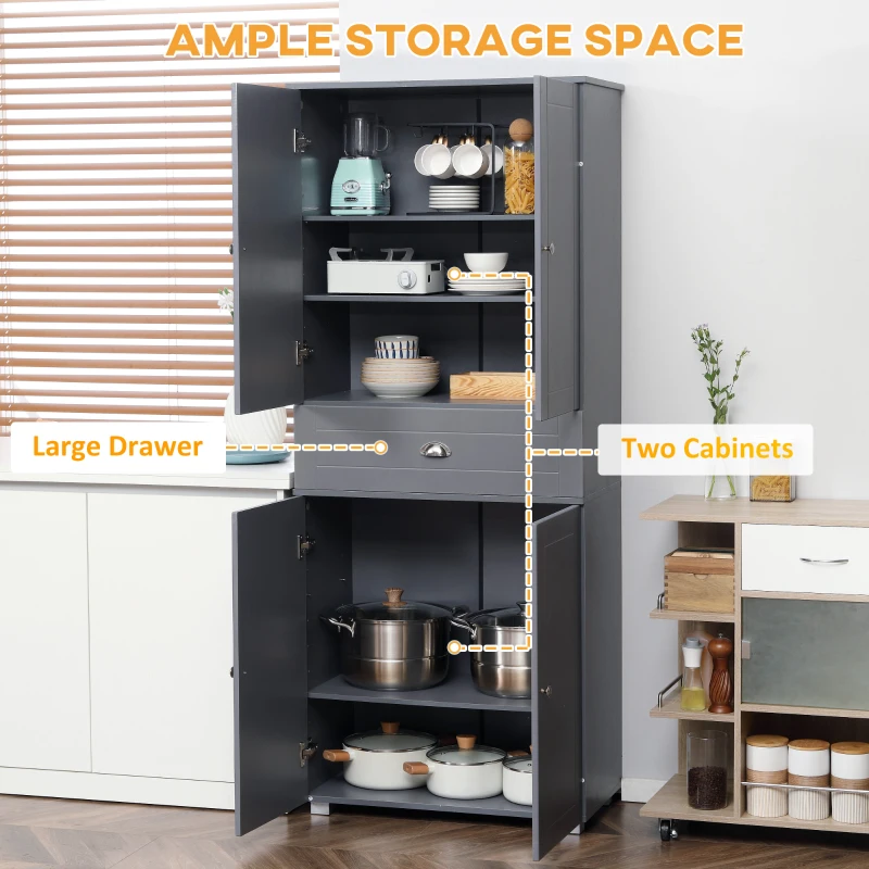 HOMCOM Tall Storage Cabinet, 72" Freestanding Kitchen Pantry Cabinet with 4 Doors, Drawer and Adjustable Shelves, Gray