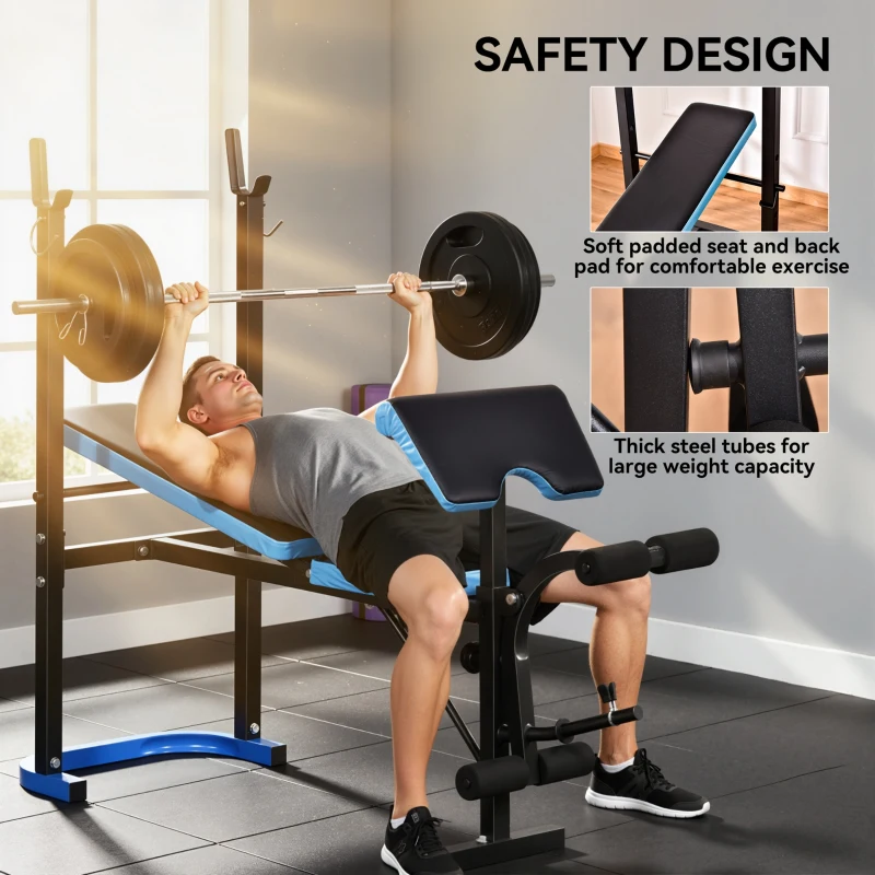 Soozier Adjustable Weight Bench with Barbell Rack and Leg Developer for Weight Lifting and Strength Training Multifunctional Workout Station for Home Gym Fitness, Black