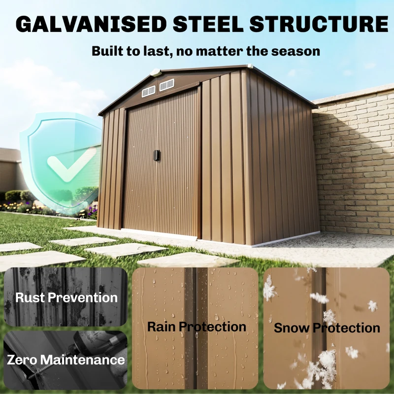 Outsunny 7' x 4' Outdoor Storage Shed, Garden Tool House w/ Foundation Kit Vents & Sliding Doors for Backyard Patio, Brown