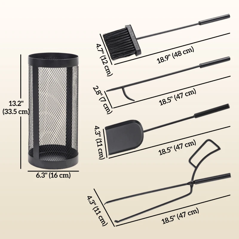 Outsunny Fireplace Tool Set with Mesh Basket, 5 Piece Fire Place Kit with Brush, Shovel, Poker, Tongs for Indoor Outdoor Use