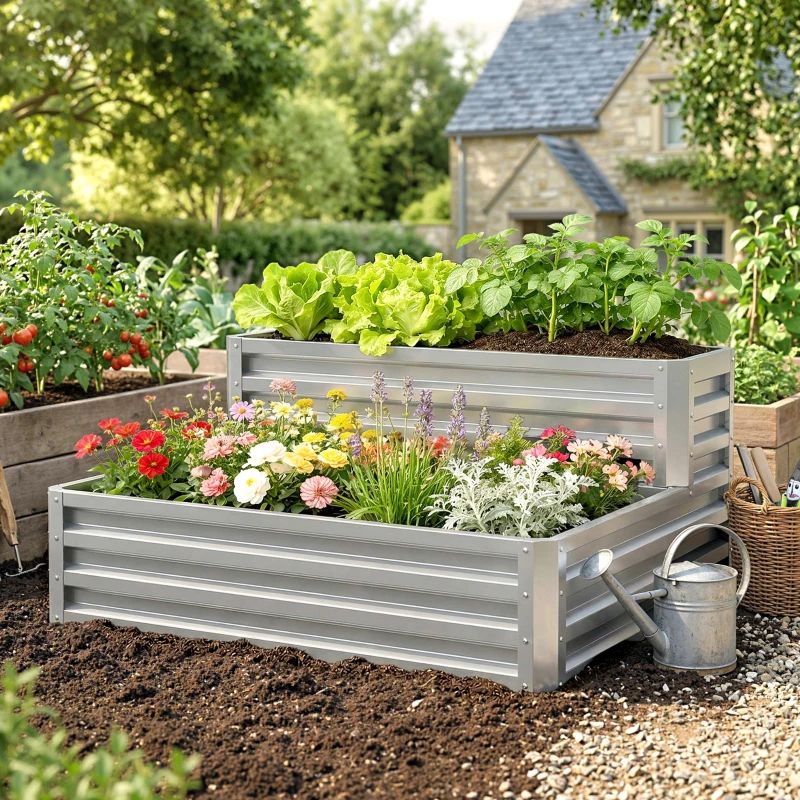 Outsunny 2 Tier Galvanized Raised Garden Bed, Steel Planter Box for Vegetables, Flowers, Herbs, 47" x 40" x 23", Silver