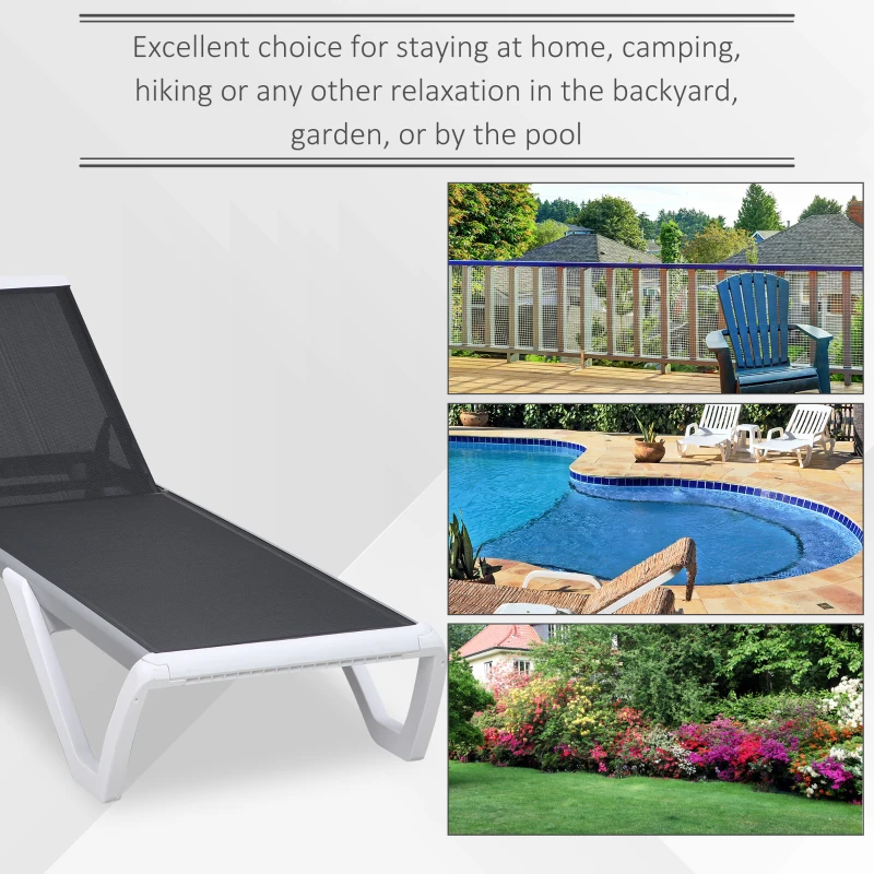 Outsunny Outdoor Chaise Lounge Chair, Patio Aluminum Tanning Chair with 5-Level Adjustable Back, Portable Wheels, Breathable Mesh Fabric, for Pool, Deck,  Garden, Black
