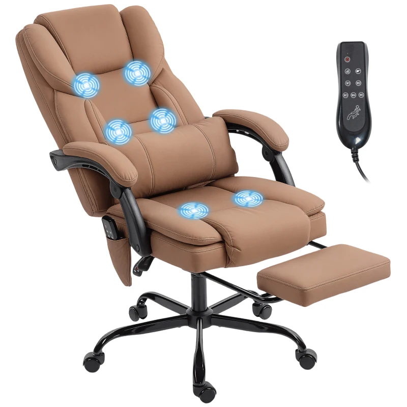 HOMCOM Office Chair with Massage, Pet-Friendly Faux Leather Reclining Desk Chair with Lumbar Support, Footrest, Brown