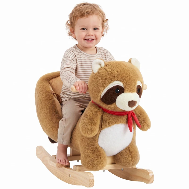 Qaba Raccoon Baby Rocking Horse, Kids Plush Ride-On Toy with Realistic Sounds and Safety Belt, Brown