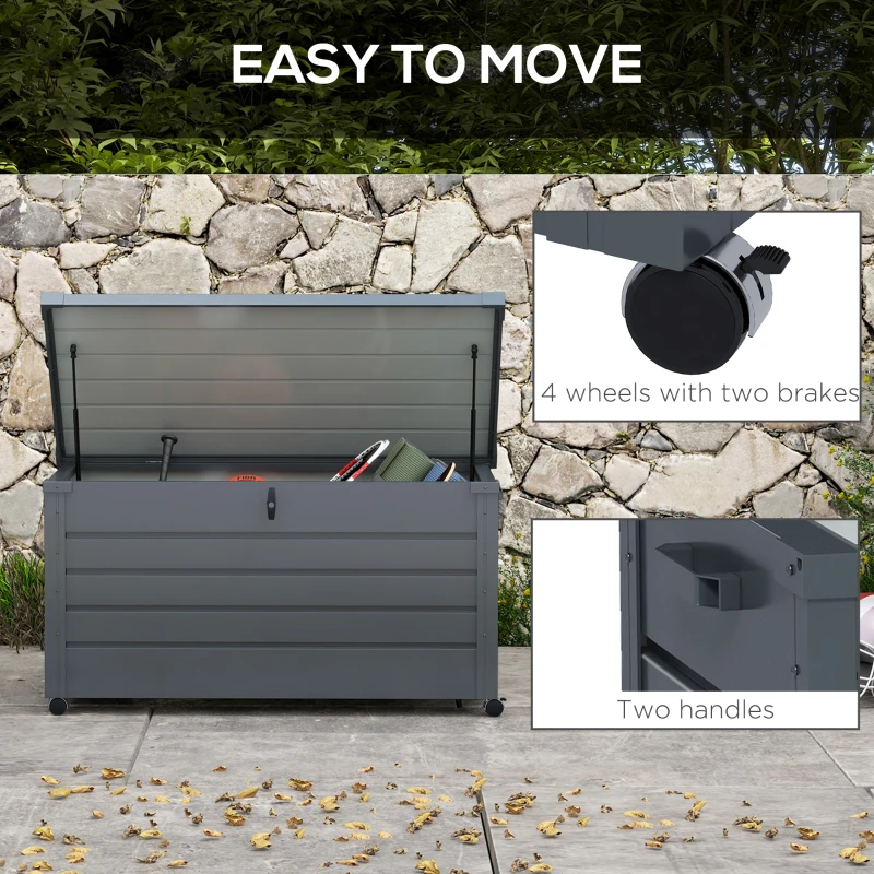Outsunny 82 Gallon Garden Storage Box, Waterproof Outdoor Storage Container with Wheels and Handles, Dark Grey