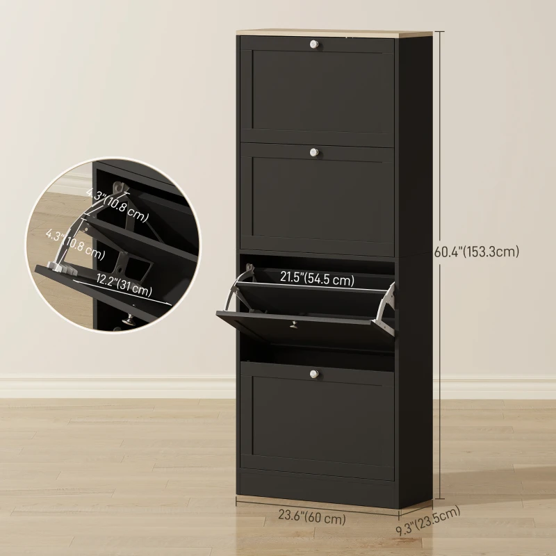 HOMCOM Modern Shoe Storage Cabinet with 4 Flip Drawers and Adjustable Shelves, Shoe Cabinet for 18-24 Pairs of Shoes, Black