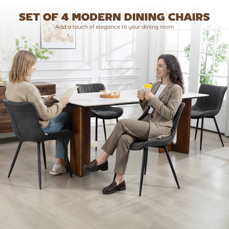 HOMCOM Dining Chairs Set of 4, PU Leather Upholstered Kitchen Chairs with Backrest and Steel Legs, Black