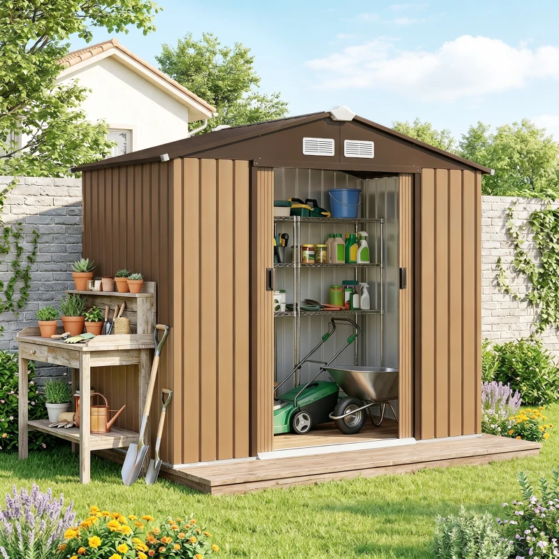 Outsunny 7' x 4' Outdoor Storage Shed, Garden Tool House w/ Foundation Kit Vents & Sliding Doors for Backyard Patio, Brown
