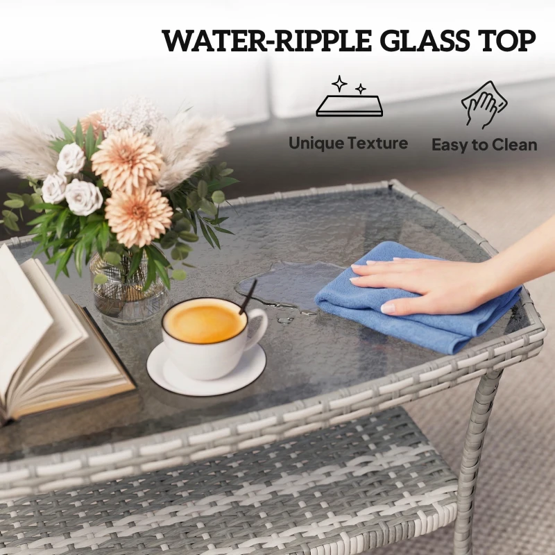 Outsunny Outdoor Coffee Table with Storage Shelf, PE Wicker Patio Table with Glass Top for Garden, Backyard, Dark Grey
