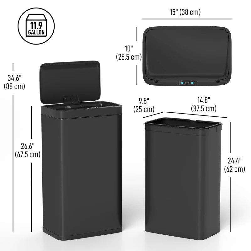 HOMCOM 12 Gallon (45 L) Sensor Can, Automatic Garbage Can with Soft-Close Lid, Fingerprint-Proof Stainless Steel, Matte Black