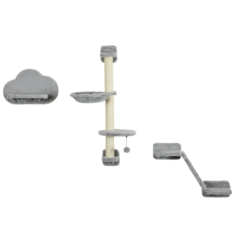 PawHut 3PCs Cat Shelves with Hammock, Scratching Posts, Platforms, Grey