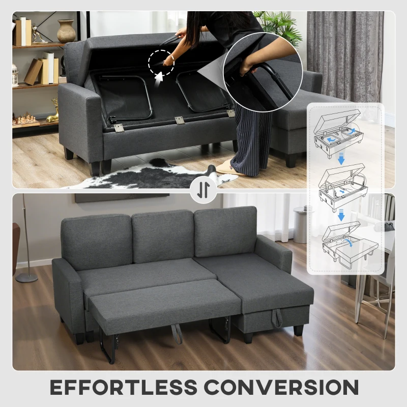 HOMCOM 77.6" Sofa Bed, Pull Out Sleeper L Shaped Sectional Couch, Reversible Storage Chaise, Wide and Deep Seat, Charcoal Grey