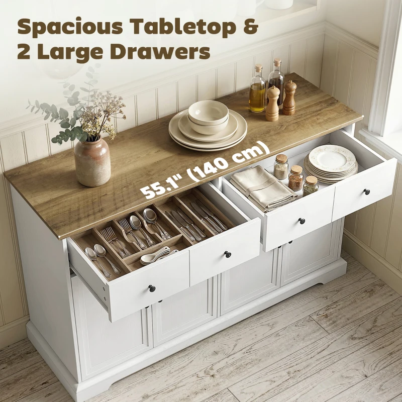 HOMCOM Sideboard Buffet Cabinet, 55" Farmhouse Kitchen Cabinet with Soft-Close Doors, 2 Drawers and 2 Adjustable Shelves