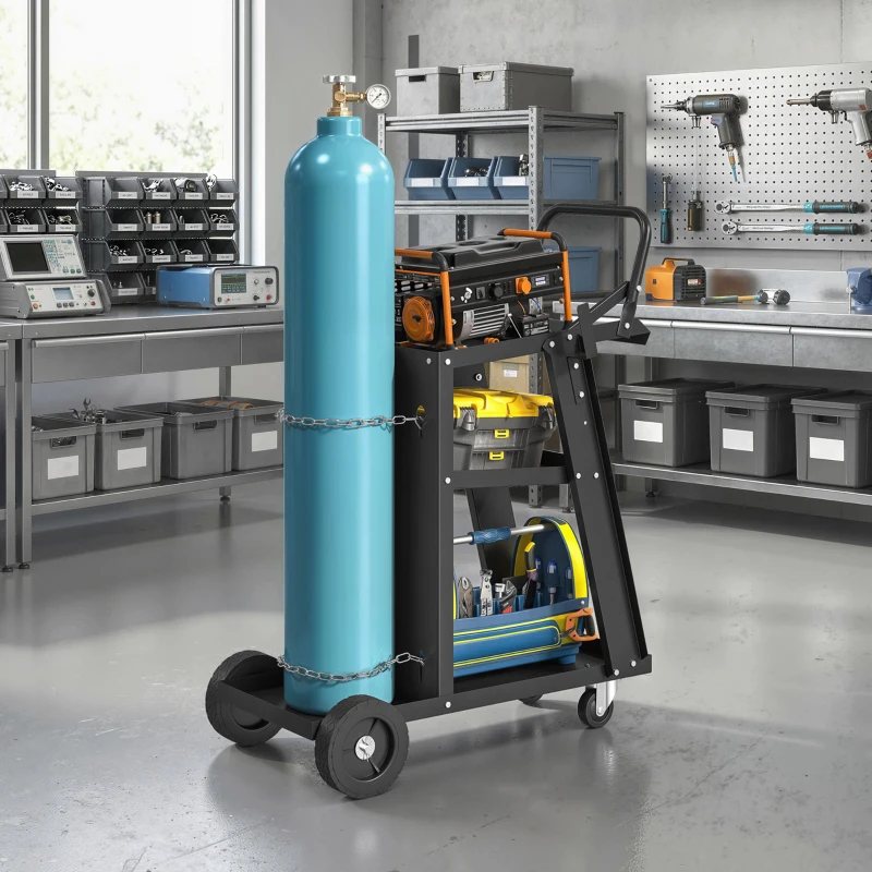 HOMCOM Welding Utility Cart 3-Tier Heavy Duty Rolling Tool Cart with Gas Cylinder Holder Black