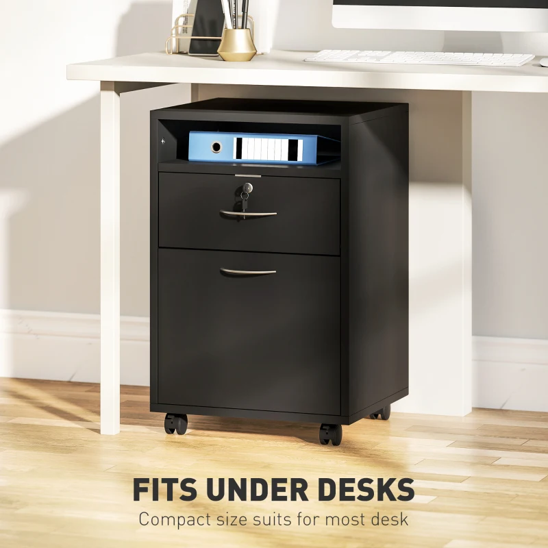 HOMCOM 24" Small Filing Cabinet with Open Compartment, Drawer and Wheels, Home Office Storage Cabinet, Black