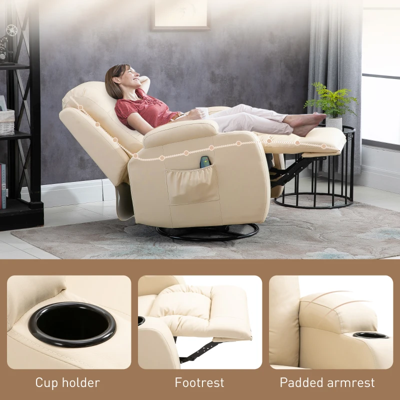 HOMCOM Vibration Massage Recliner Chair for Living Room with Heat,  Swivel Single Sofa, Modern PU Leather Manual Reclining Chair with Footrest, Cream White