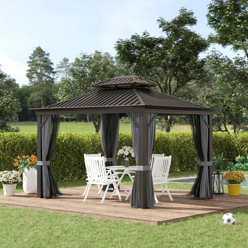 Outsunny 10' x 12' Hardtop Gazebo with Curtains and Netting, Permanent Pavilion Metal Double Roof Gazebo Canopy with Aluminum Frame and Hooks, for Garden, Patio, Backyard, Charcoal Gray