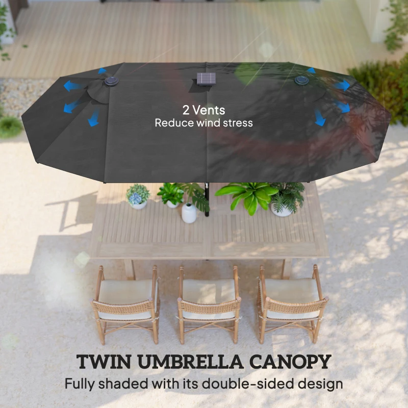 Outsunny 10ft Double-Sided Patio Umbrella with 35 LED Lights, 12 ribs, Extra Large Outdoor Parasol with Twin Canopy, Dark Grey