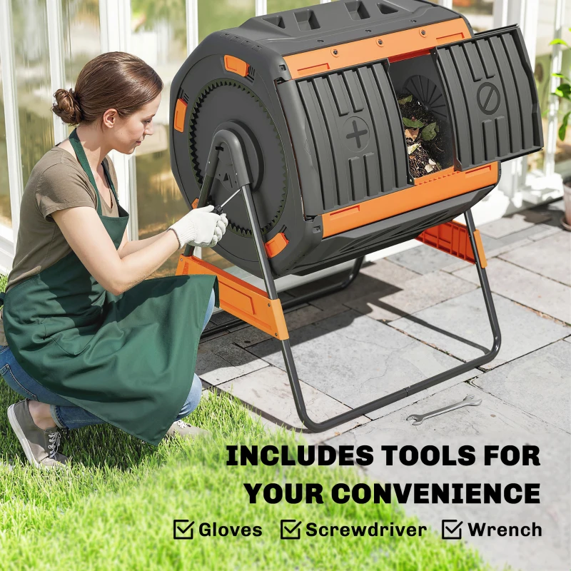 Outsunny Compost Bin Outdoor, 53 Gal Dual Chamber Tumbling Composter with Adjustable Vents, BPA Free Tumbling Composter, Orange