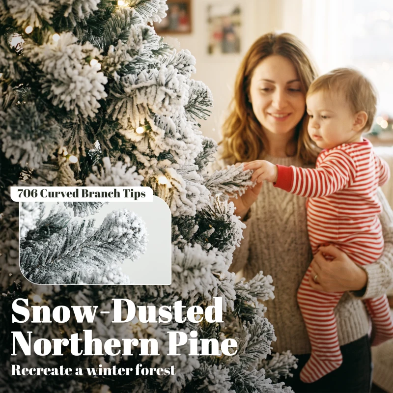 HOMCOM 6ft Flocked Prelit Christmas Tree, Northern Pine, Artificial Xmas Tree with Curved Tips, LEDs