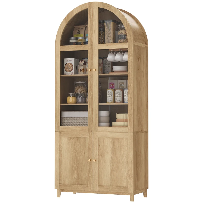 HOMCOM Arched Kitchen Pantry Cabinet, 71" Tall Farmhouse Kitchen Storage Cabinet with Acrylic Glass Doors, Oak