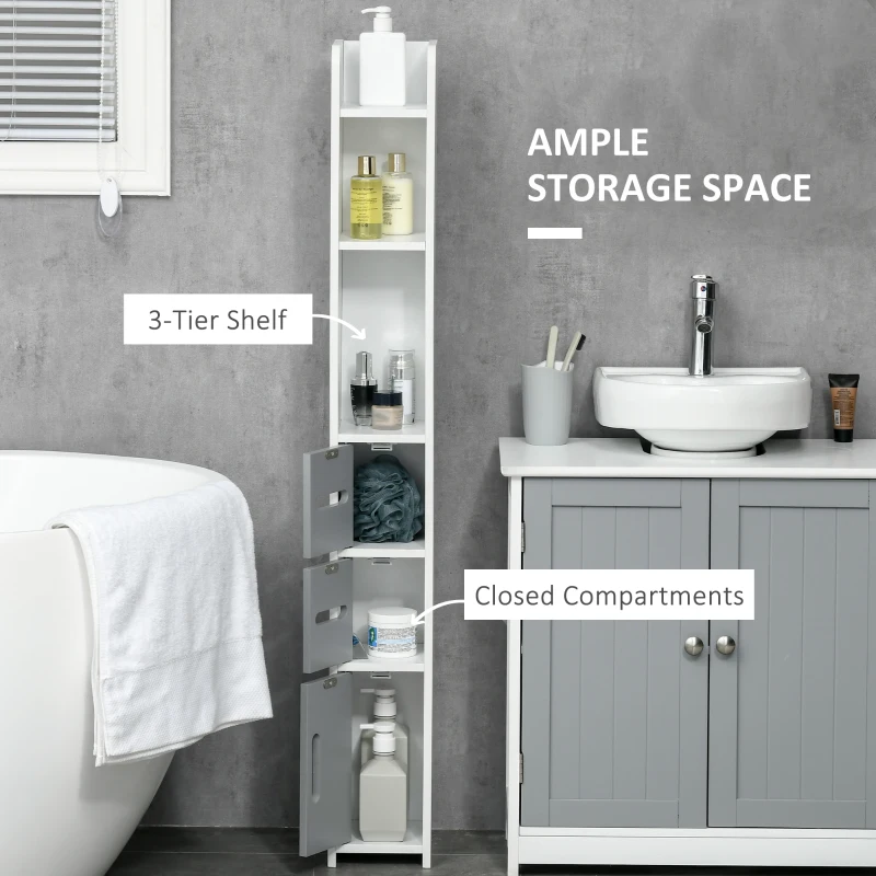 kleankin Freestanding Tall Bathroom Cabinet, Narrow Bathroom Storage Cabinet with Shelves and Cupboards, Grey and White